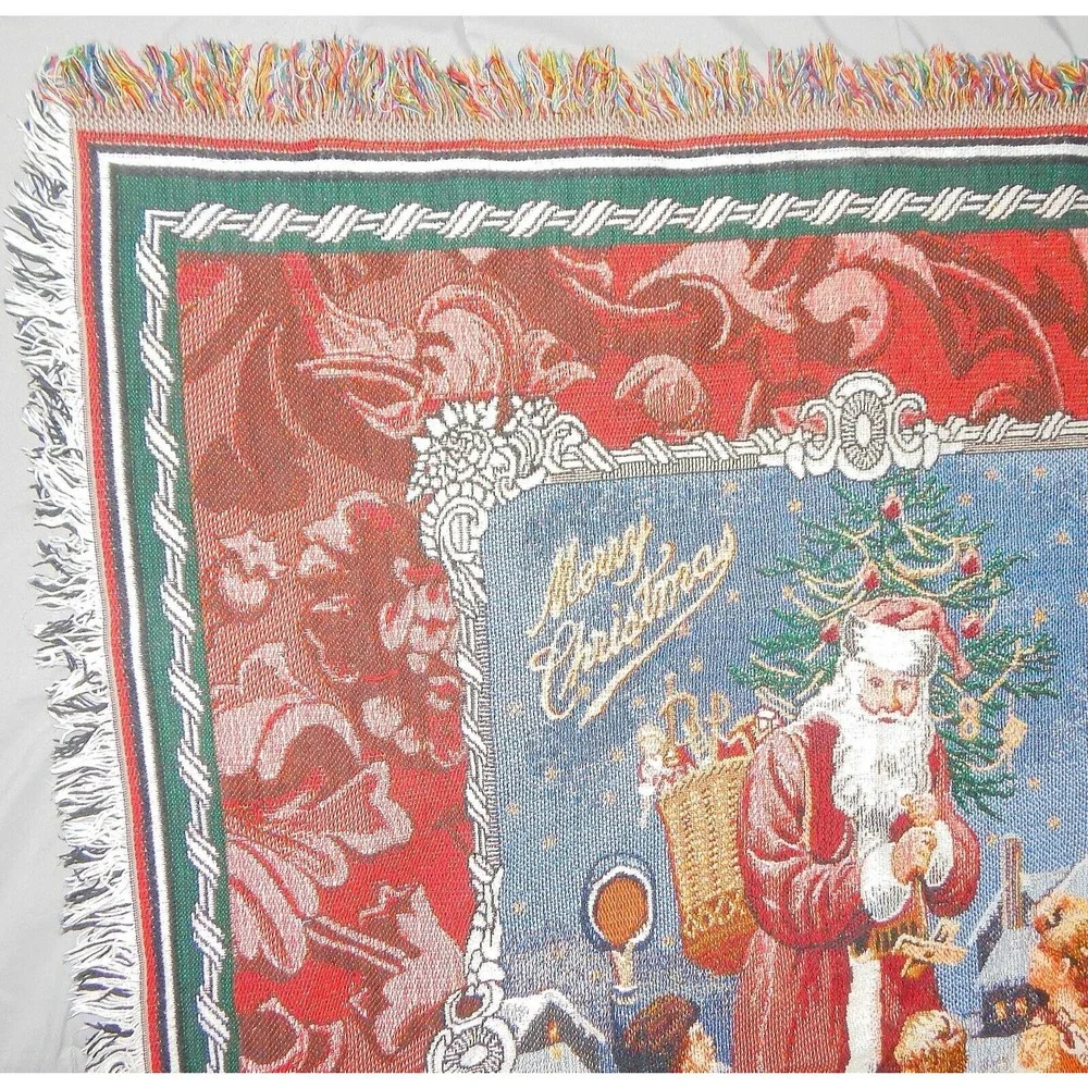 Merry Christmas Santa Claus With Children Woven Fringed Thrown 44x53 By Hallmark